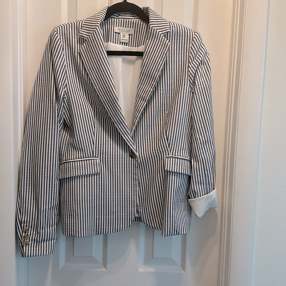 Navy blue and white striped blazer